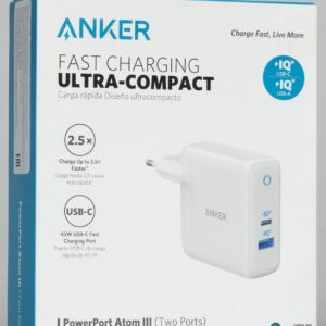 ANKER POWERPORT ATOM III (TWO PORTS) HIGH-SPEED 60W CHARGER W/ USB-A POWERIQ 3.0 PORTS