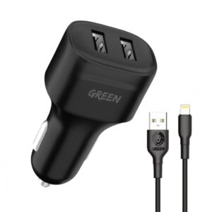 GREEN COMPACT CAR CHARGER 12W WITH USB TO LIGHTNING