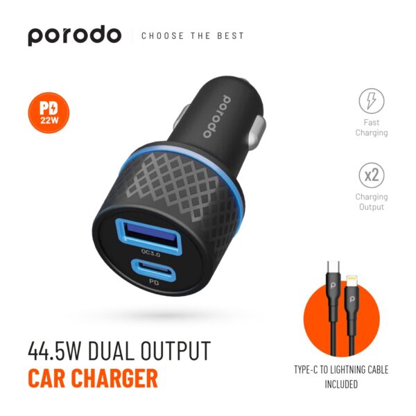 PORODO 44.5W DUAL OUTPUT CAR CHARGER (WITH LIGHTNING CABLE)