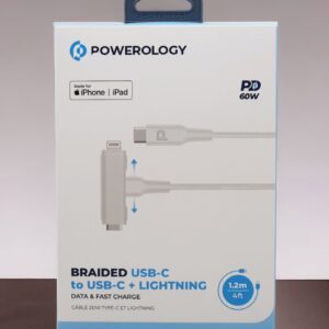 7834953556665 POWEROLOGY BRAIDED USB-C TO USB-C + LIGHTNING CABLE - WHITE  (1.2M)