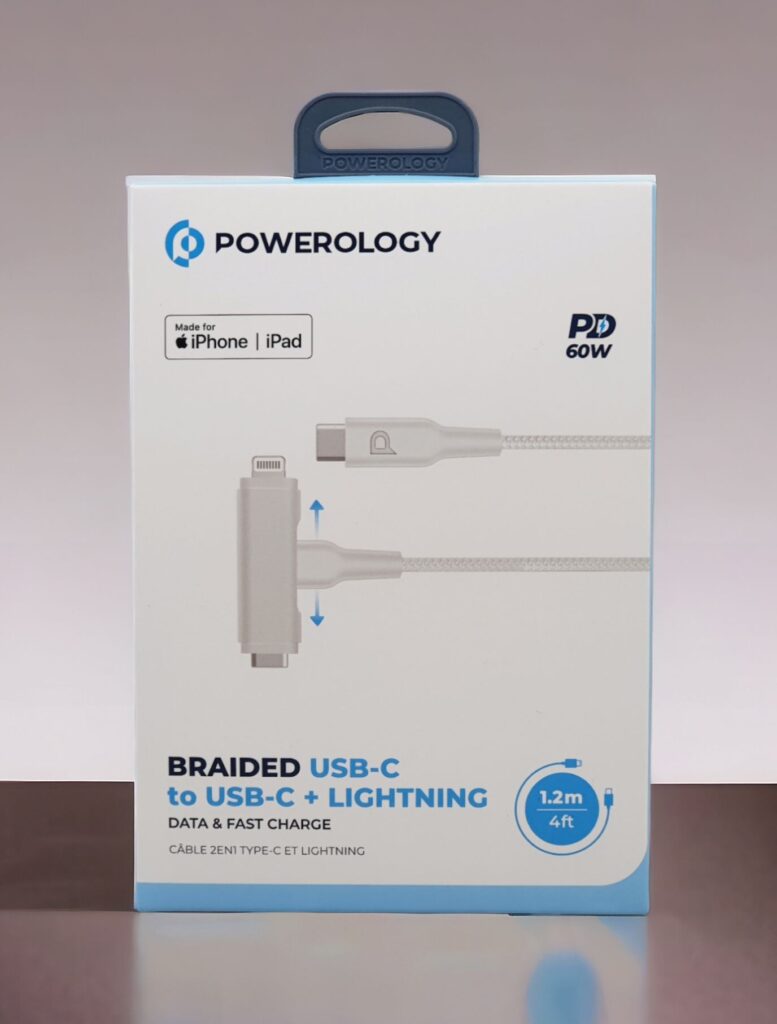 7834953556665 POWEROLOGY BRAIDED USB-C TO USB-C + LIGHTNING CABLE - WHITE (1.2M)