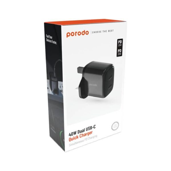 6849108441742 PORODO 40W DUAL USB-C QUICK CHARGER