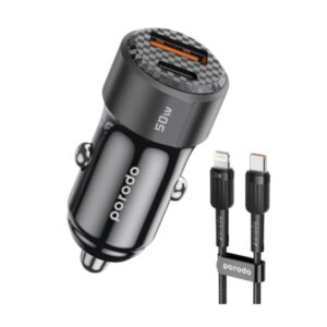 6849108440547 PORODO 50W DUAL PORT CAR CHARGER WITH BRAIDED USB-C TO LIGHTNING CABLE