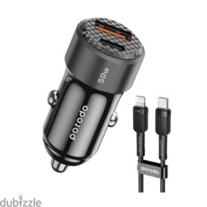 6849108440554 PORODO 50W DUAL PORT CAR CHARGER WITH BRAIDED USB-C TO USB-C CABLE
