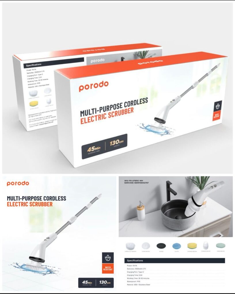 6849108442787 PORODO MULTI-PURPOSE CORDLESS ELECTRIC SCRUBBER