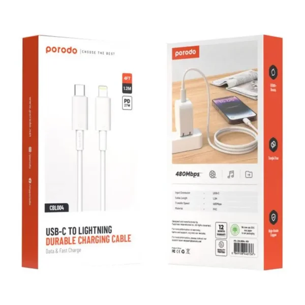 6849108446136 PORODO USB-C TO LIGHTNING DURABLE CHARGING CABLE - WHITE (1.2M)