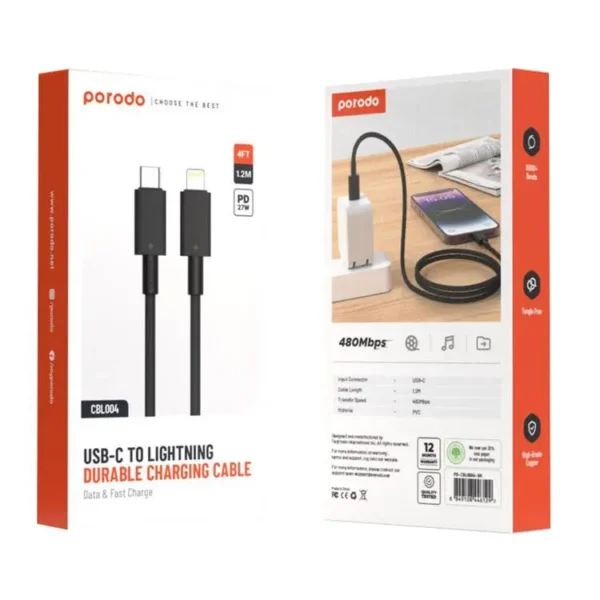 6849108446129 PORODO USB-C TO LIGHTNING DURABLE CHARGING CABLE - BLACK (1.2M)
