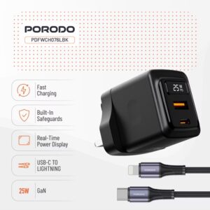 9904781930932 PORODO GaN 25W DUAL USB-C WALL CHARGER WITH USB-C TO USB-C CABLE - BLACK
