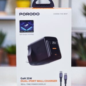 9904781930864 PORODO GaN 25W DUAL USB-C WALL CHARGER WITH USB-C TO USB-C CABLE - BLACK