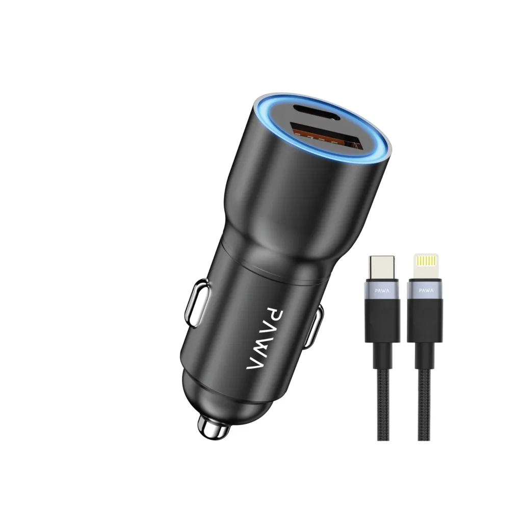 6476971393450 PAWA ALUMINUM ALLOY CARCHARGER 52.5W USB-C TO LIGHTNING CABLE - BLACK