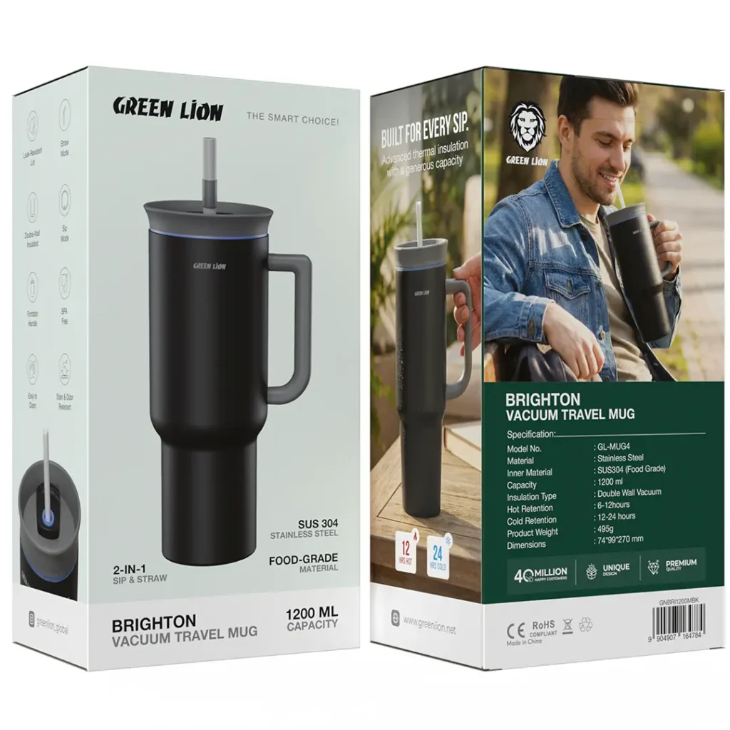 9904907164784 GREEN LION BRIGHTON VACUUM TRAVEL MUG 1200ML - BLACK