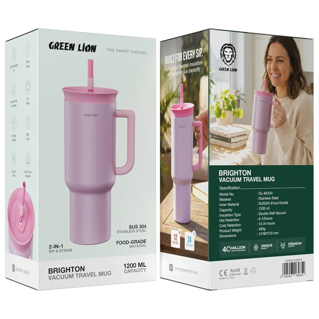 9904907164852 GREEN LION BRIGHTON VACUUM TRAVEL MUG 1200ML - PINK