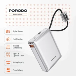 9904781958516 PORODO PETITE 10000mAh POWER BANK INTEGRATED TYPE-C & LIGHTNING - SILVER