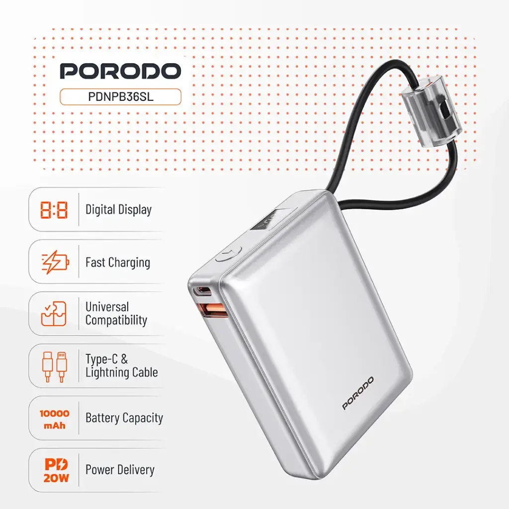9904781958516 PORODO PETITE 10000mAh POWER BANK INTEGRATED TYPE-C & LIGHTNING - SILVER