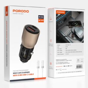 6849108449076 PORODO TRANSPARENT 95W CAR CHARGER USB-C CABLE 0.9M - DESERT TITANIUM