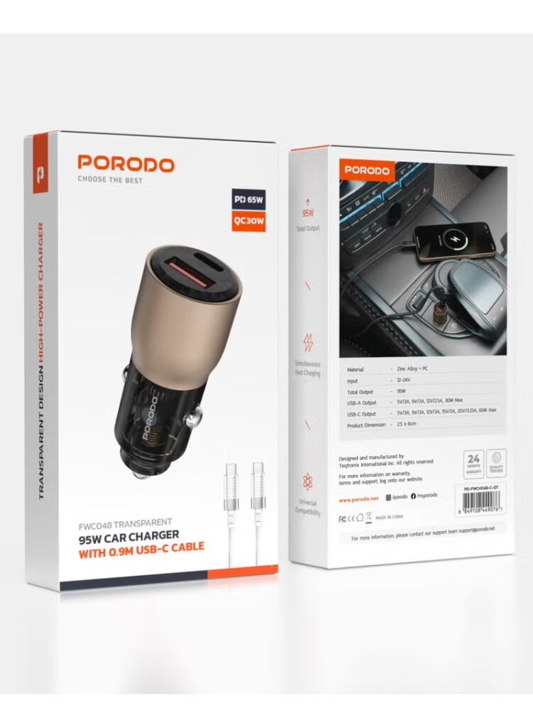 6849108449076 PORODO TRANSPARENT 95W CAR CHARGER USB-C CABLE 0.9M - DESERT TITANIUM
