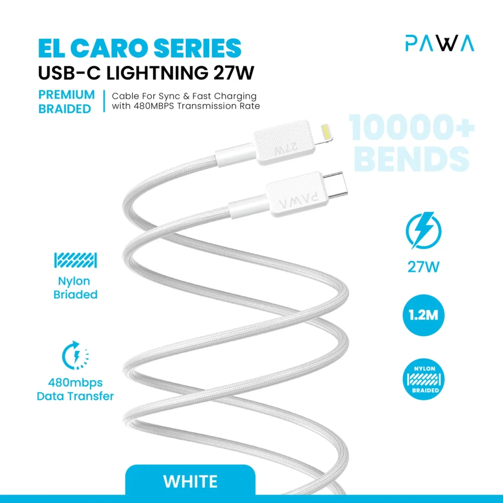 6476971391890 PAWA EL CARO SERIES USB-C LIGHTNING 27W 1.2M - WHITE