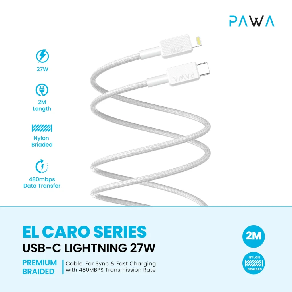 6476971390374 PAWA EL CARO SERIES USB-C LIGHTNING 27W 2M - WHITE