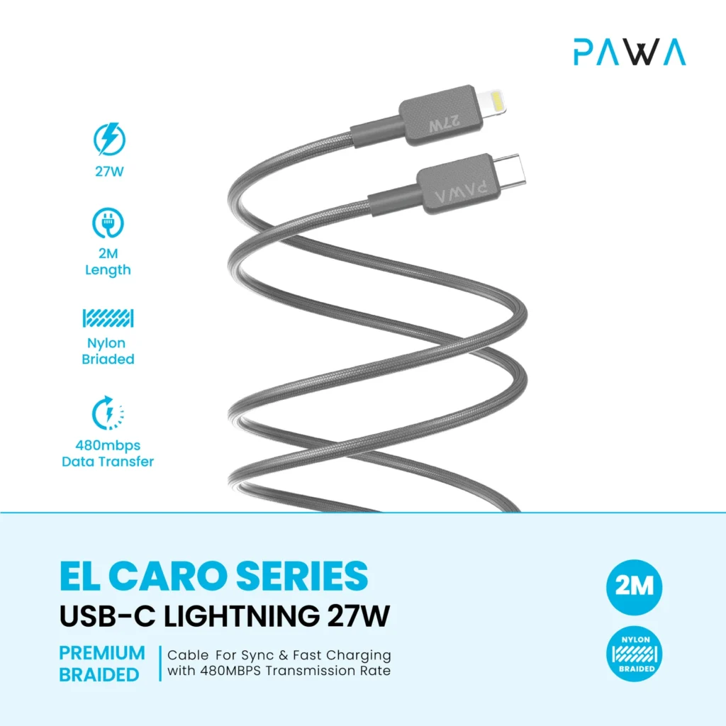 6476971393894 PAWA EL CARO SERIES USB-C LIGHTNING 27W 2M - BLACK