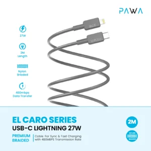 6476971393894 PAWA EL CARO SERIES USB-C LIGHTNING 27W 2M - BLACK