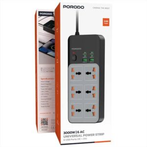 6284302724930 PORODO 3000W 6 AC UNIVERSAL POWER STRIP - GRAY