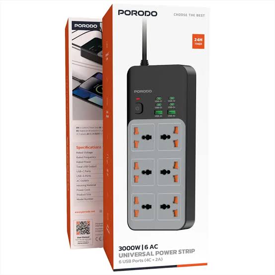 6284302724930 PORODO 3000W 6 AC UNIVERSAL POWER STRIP - GRAY