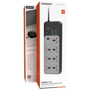 6284302724862 PORODO 3000W 7 AC UNIVERSAL POWER STRIP WITH TIMER - GRAY