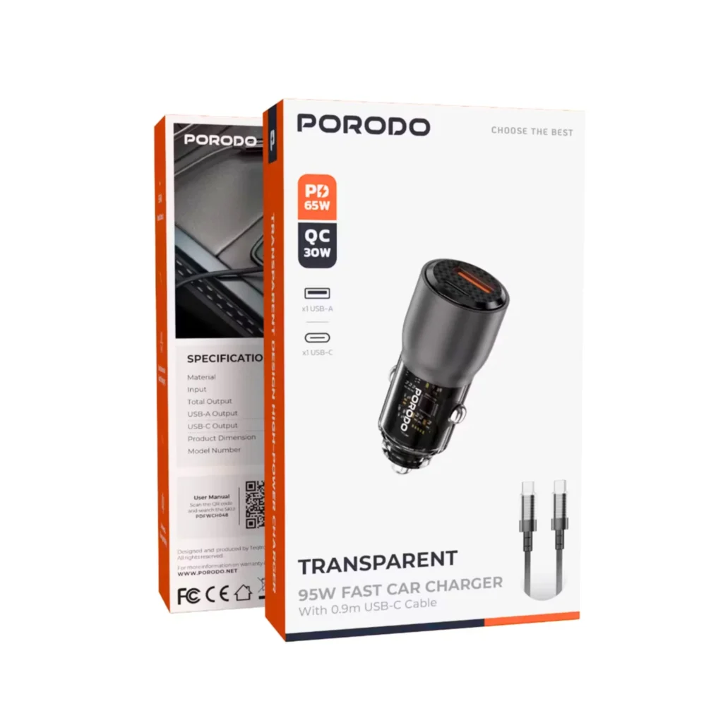 6849108449045 PORODO TRANSPARENT 95W FAST CAR CHARGER WITH USB-C CABLE 0.9M - GRAY