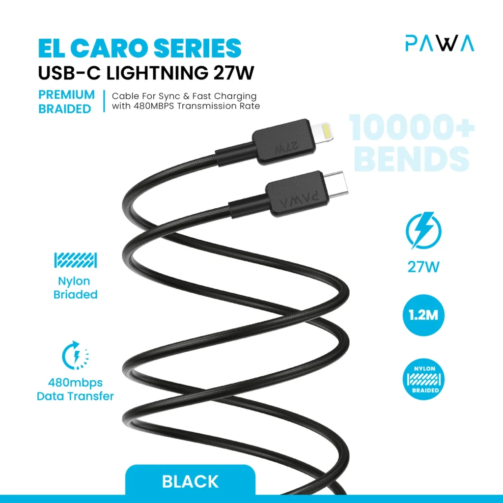 6476971391340 PAWA EL CARO SERIES USB-C LIGHTNING 27W 1.2M - BLACK