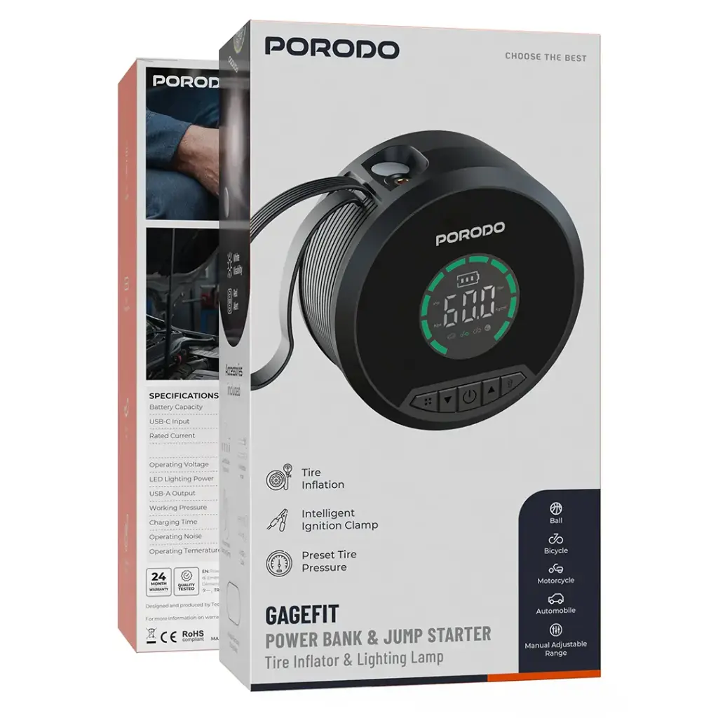 6284302772450 PORODO GAGEFIT POWER BANK & JUMP STARTER - BLACK