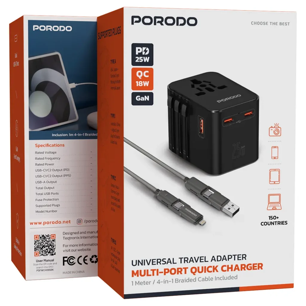 9904781903998 PORODO UNIVERSAL TRAVEL ADAPTER MULTI-PORT QUICK CHARGER