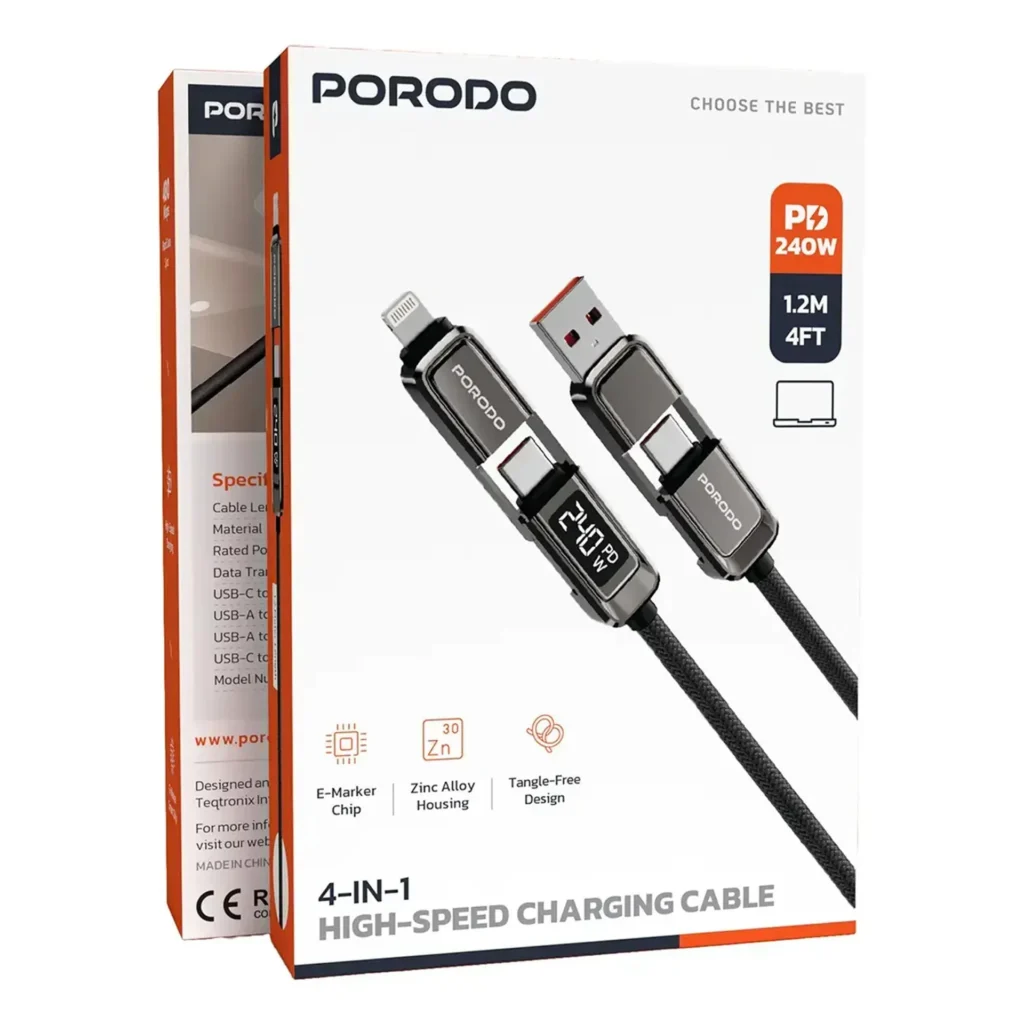 6284302723018 PORODO 4-IN-1 HIGH SPEED CHARGING CABLE 240W 1.2M - BLACK