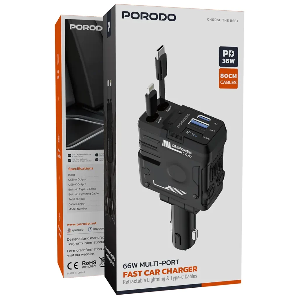 6849108447140 PORODO 66W MULTI-PORT FAST CAR CHARGER RETRACTABLE LIGHTNING & TYPE-C CABLES