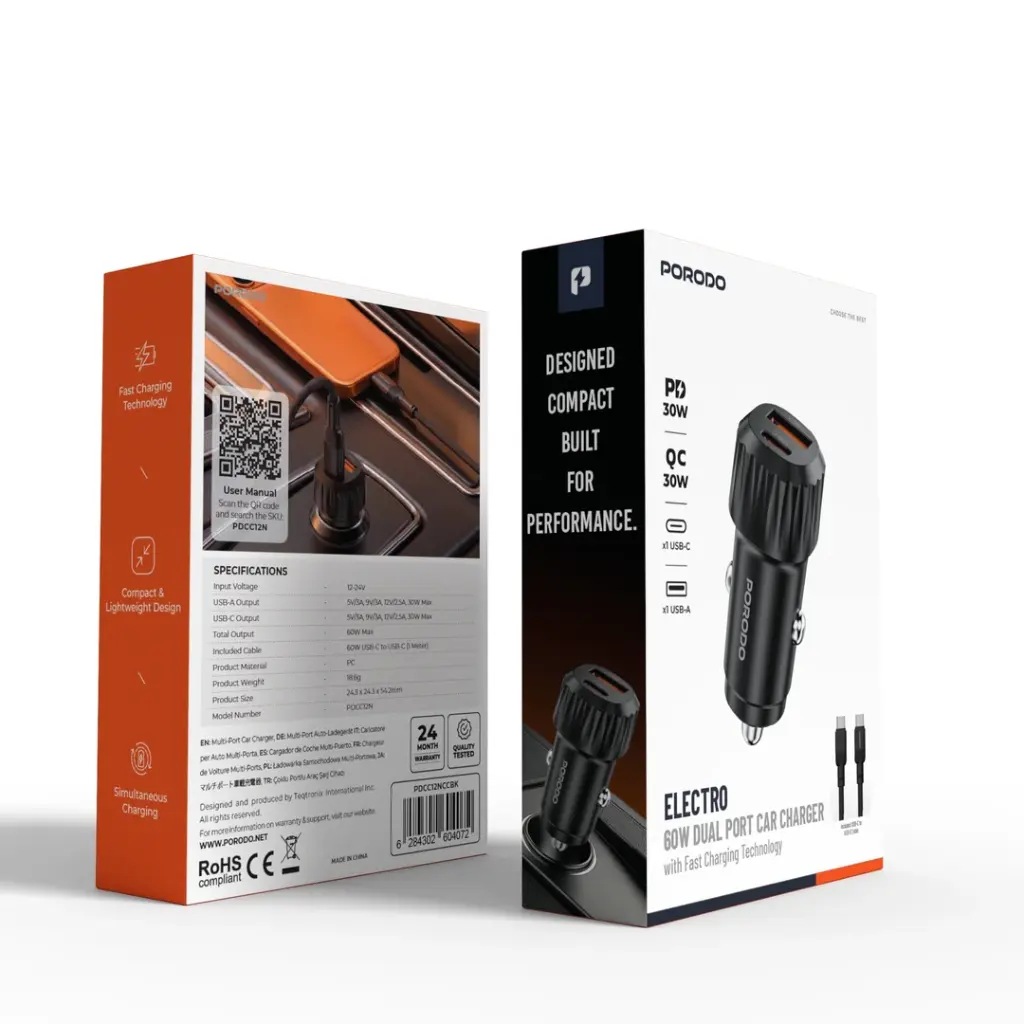 6284302603914 PORODO ELECTRO 60W DUAL PORT CAR CHARGER WITH USB-C TO LIGHTNING CABLE