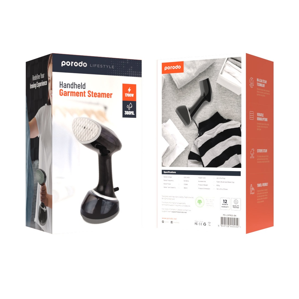6849108445450 PORODO HANDHELD GARMENT STEAMER 1700W - BLACK