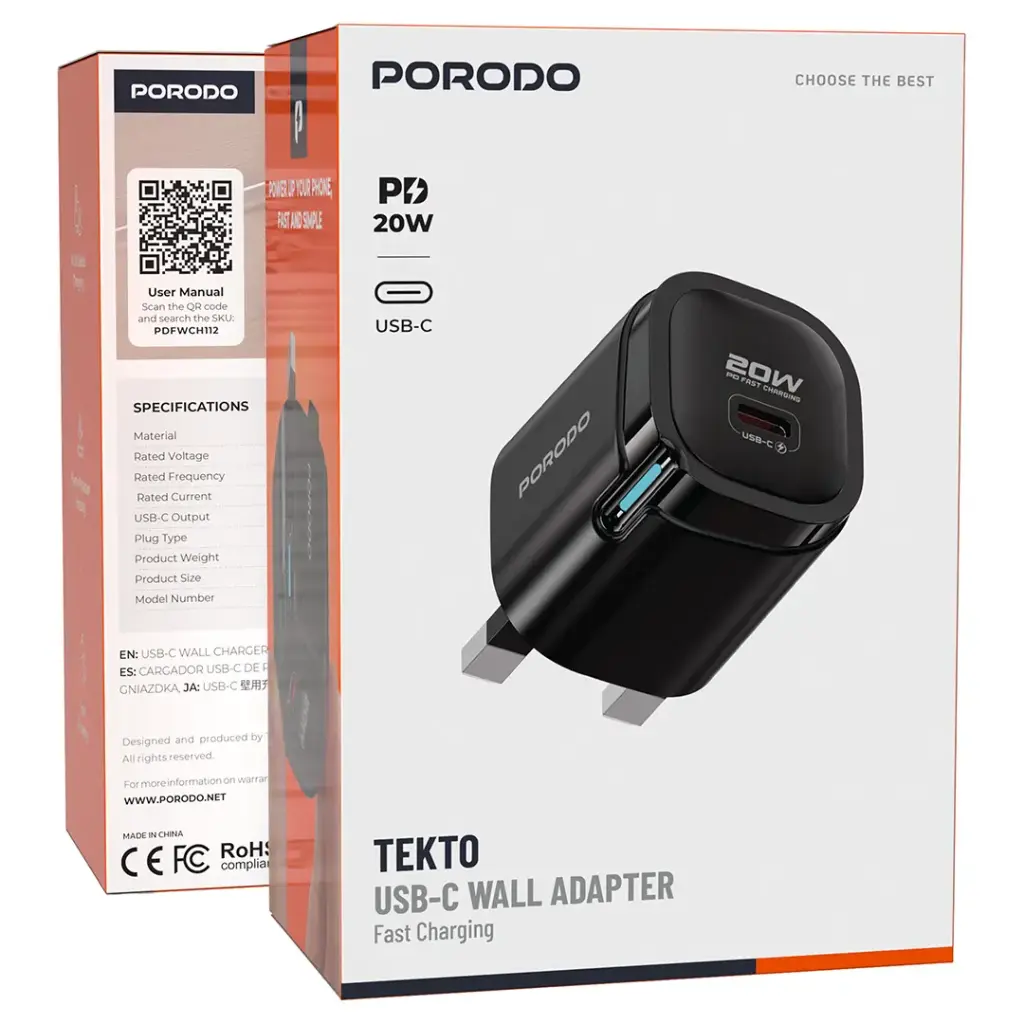 6284302769030 PORODO TEKTO 20W USB-C WALL ADAPTER USB-C TO LIGHTNING CABLE