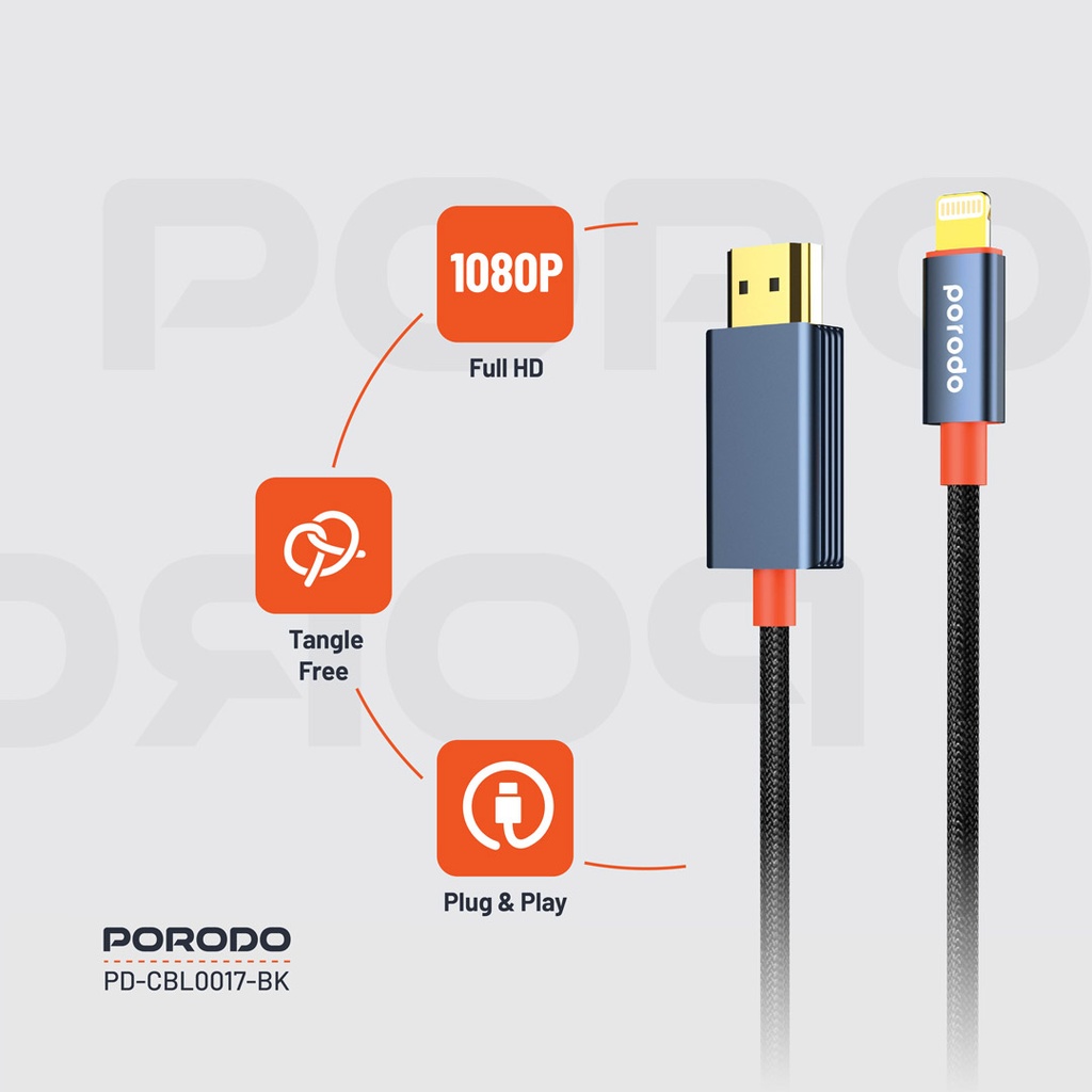 6849108446341 PORODO 4K WOVEN BRAIDED LIGHTNING TO HDMI CABLE 2M - BLACK