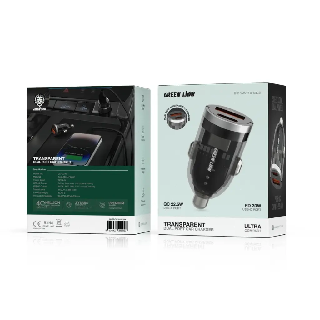 9904907210900 GREEN LION TRANSPARENT DUAL PORT CAR CHARGER ULTRA COMPACT - BLACK