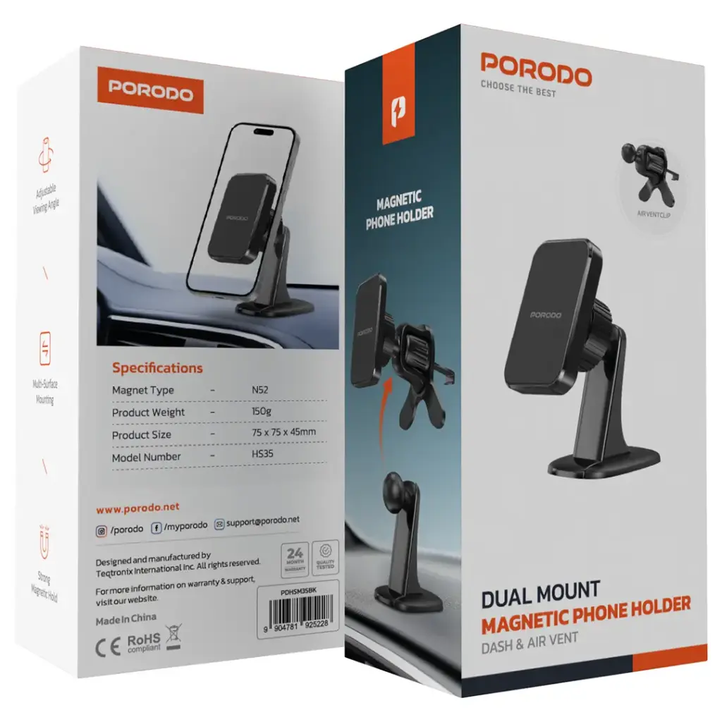 9904781925228 PORODO DUAL MOUNT MAGNETIC PHONE HOLDER DASH & AIR VENT